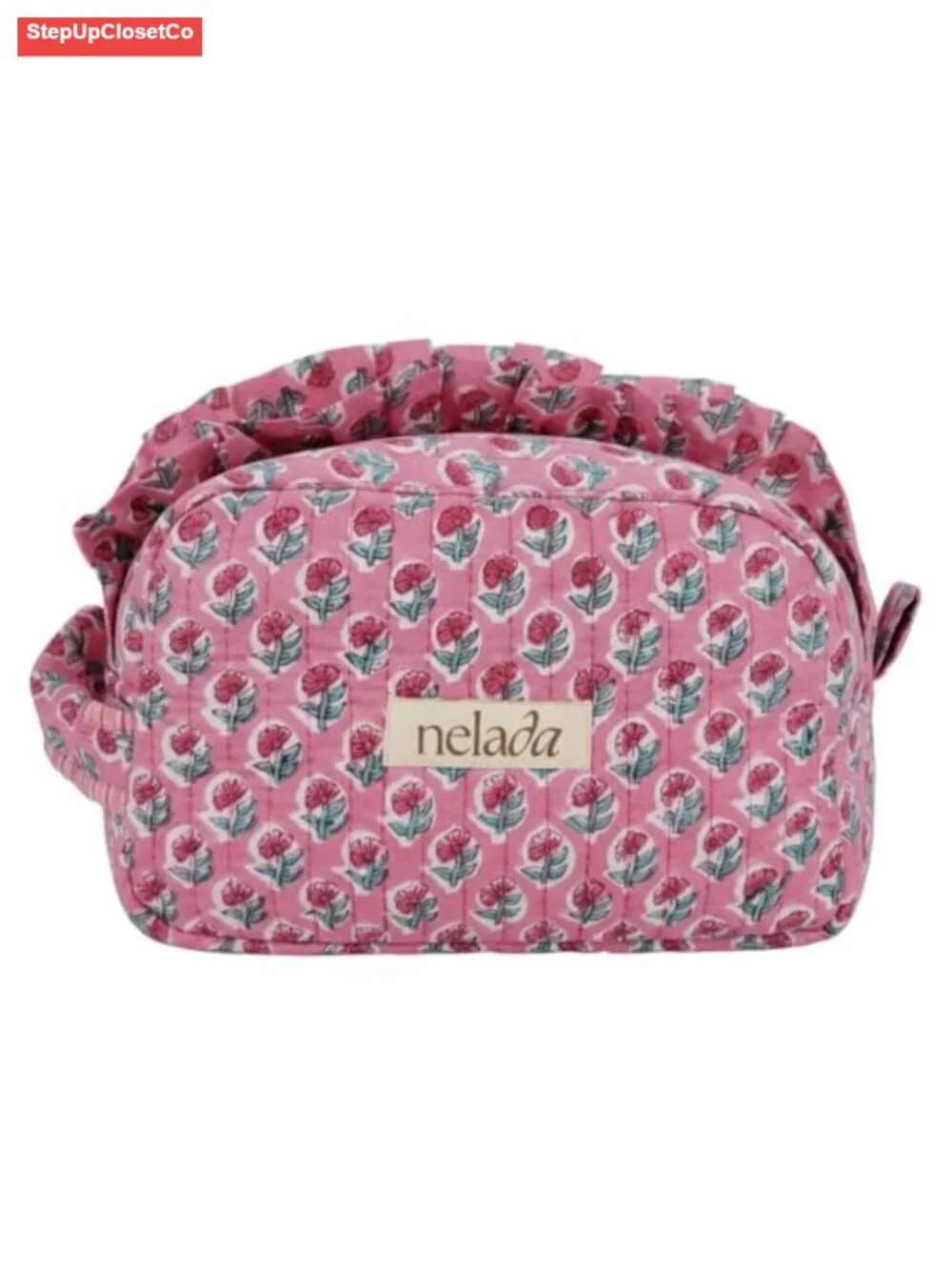 Handcrafted Quilted Cotton Makeup Bag with Frill - Large Travel Organizer Pouch